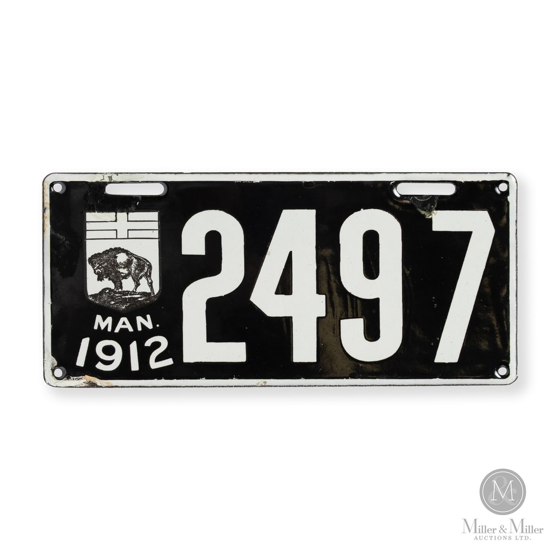 1912 Manitoba Passenger License Plate #2497.: Made in Canada. 1912. Single-sided porcelain (SSP). Unique bison logo. Registered to a H. J Clegg, 427 Alfred ave., Winnipeg, in a Cole. Unmarked. 4.5" x 10". Authenticated by The Authentication Compa