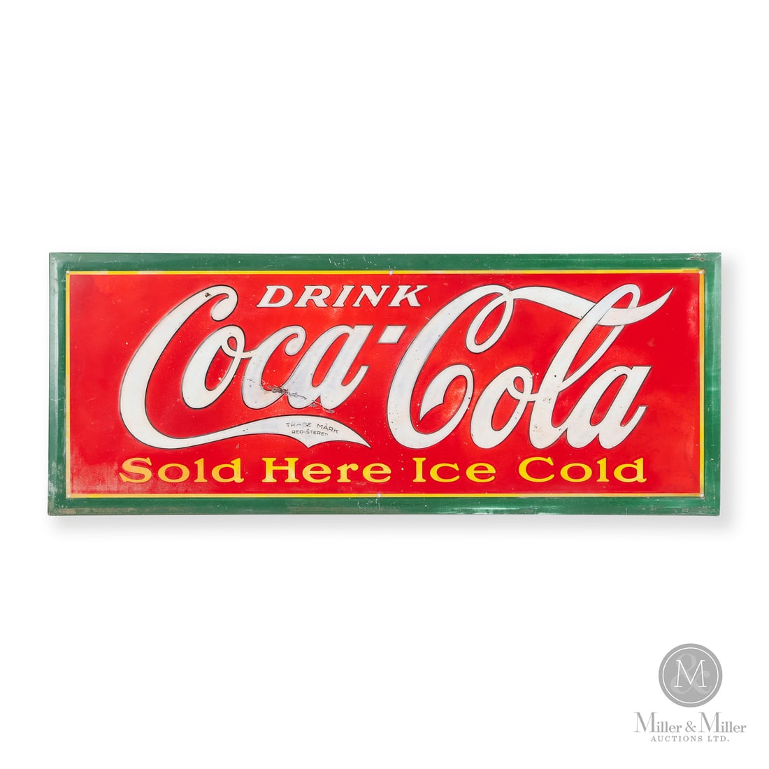 Coca-Cola Door Kick Sign: Made in Canada. 1930 - 1939. Single-sided tin (SST). Embossed. The green border version of the Sold Here Ice Cold Coca-Cola door kick. Coca-Cola discontinued the use of green in their advertising begi