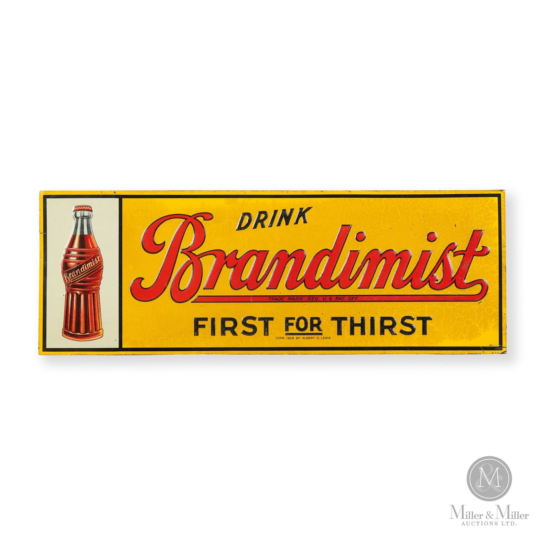 Brandimist Soda Sign: Made in U.S.A. 1928 - 1933. Single-sided tin (SST). Embossed. COPR. 1928 BY ALBERT D. LEWIS. Based out of Atlanta, Georgia. Brandmist was short-lived regional soft drink brand that operated primarily 