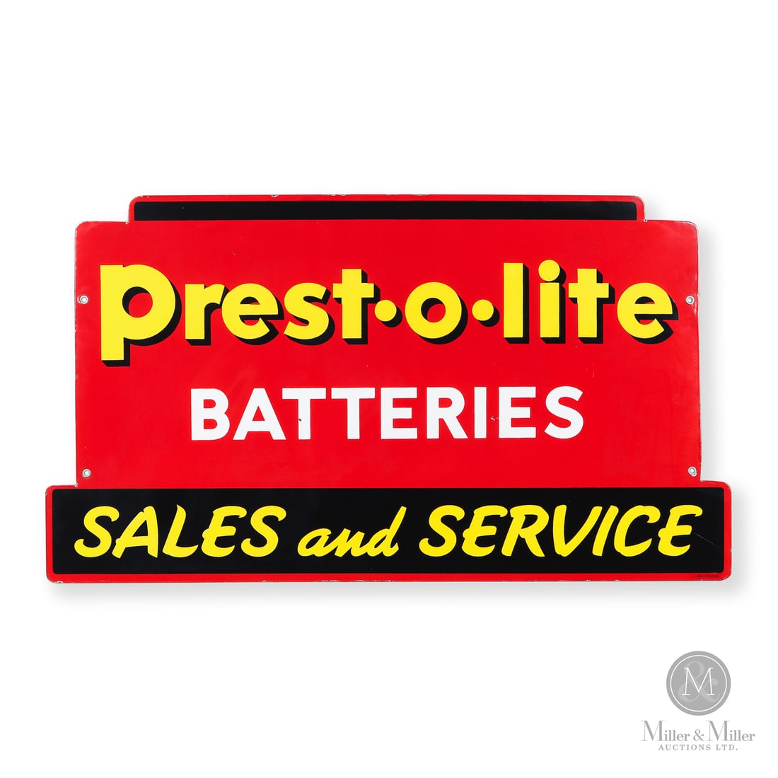 Prest-O-Lite Batteries Sales and Service Sign: Made in Canada. 1957. Single-sided porcelain (SSP). Prest-O-Lite, originally known for automotive acetylene lighting systems before expanding into storage batteries, became a major supplier of automot