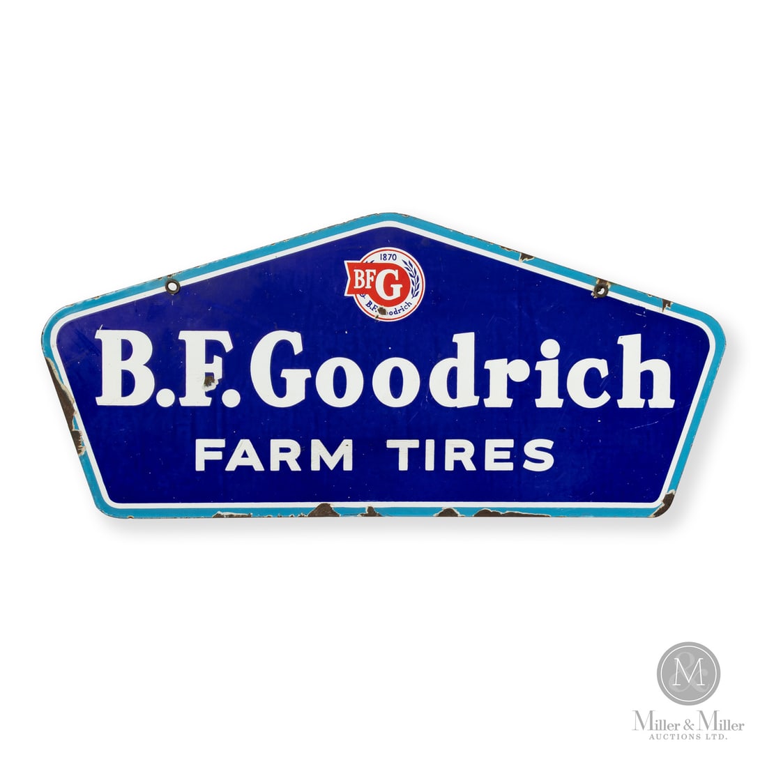 B.F. Goodrich Farm Tires Sign: Made in Canada. 1930-1958. Double-sided porcelain (DSP). Die-cut. The B.F. Goodrich "1870" emblem, featuring a wheat stalk, first appeared in 1930 to celebrate the company's 60th anniversary. Known as