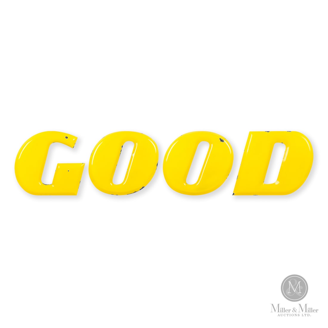 Goodyear Tires GOOD Letters Set: Made in U.S.A. 1930s - 1950s. Single-sided porcelain (SSP). Convex, die-cut. These bold yellow porcelain block letters (spelling out G-O-O-D-Y-E-A-R) were used for dealership and service station build