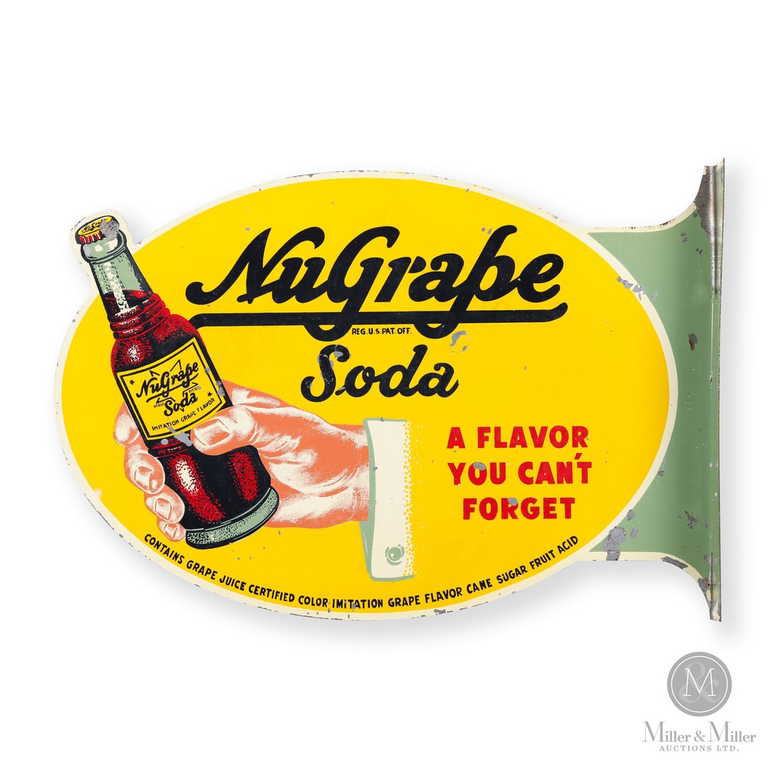NuGrape Soda Flange Sign: Made in U.S.A. 1940 - 1950. Double-sided painted metal (DSPM). Die-cut. Shows image of a person holding the product. Marked, "STOUT SIGN CO. ST. LOUIS MO." outside edge of flange. 13.5" x 20" x 2.25".