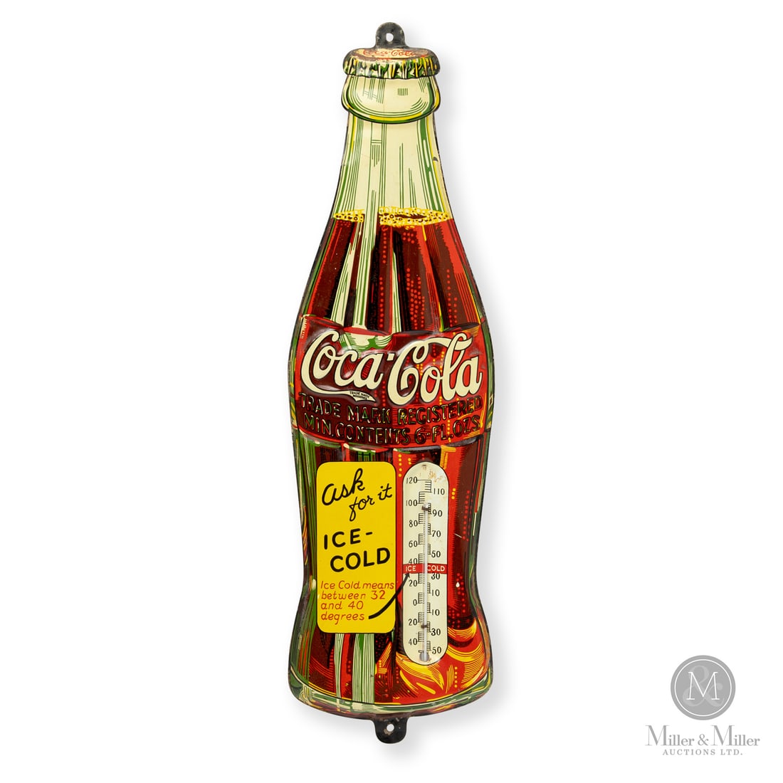 Coca-Cola Ask for it Ice-Cold Bottle Thermometer: Made in Canada. 1938. Single-sided tin (SST). Embossed, die-cut. Ice cold means between 32 and 40 degrees. Made for the Canadian market, this thermometer boasts higher detail and additional colours am