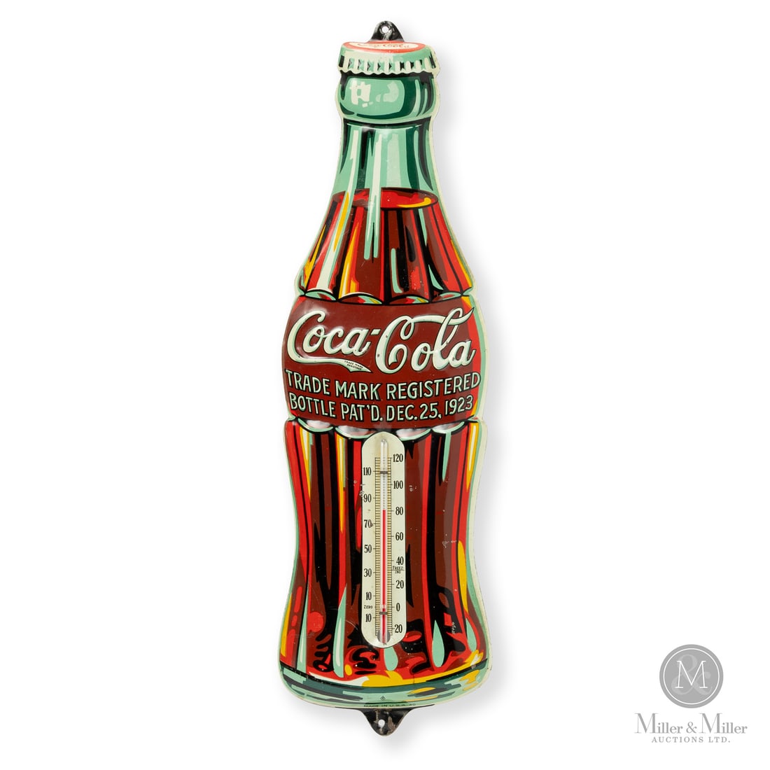 Coca-Cola Christmas Bottle Thermometer: Made in U.S.A. 1930. Single-sided tin (SST). Embossed, die-cut. The sign takes the shape of the famous "Christmas Bottle" which gets its name from the embossed patent date of Dec 25, 1923. Marked, "MA