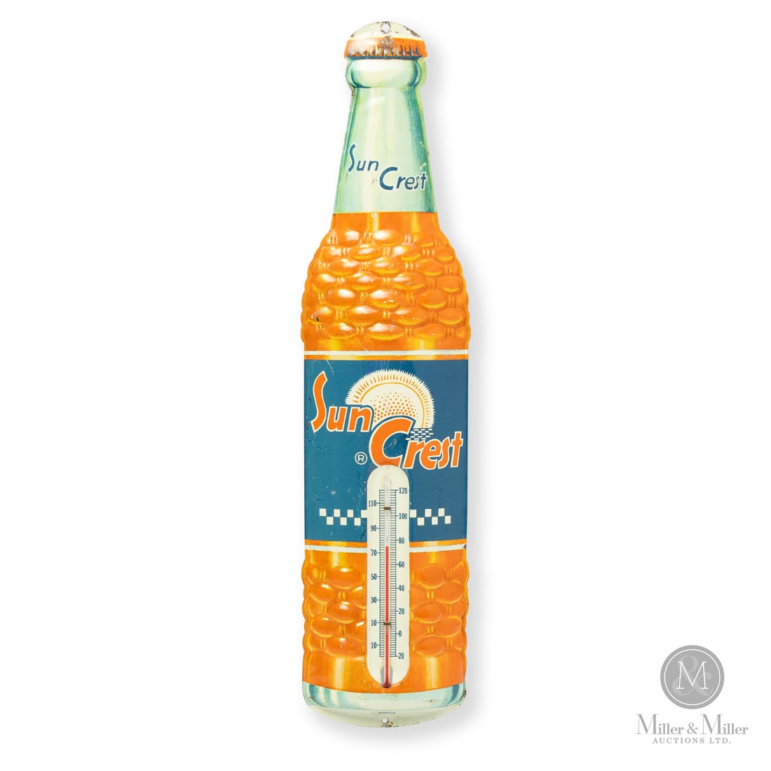 Sun Crest Bottle Thermometer: Made in U.S.A. 1954 - 1959. Single-sided tin (SST). Embossed, die-cut. Featuring the modern sunburst bottle introduced in 1954. Marked, "MADE IN U.S.A ROBERTSON" lower edge. 16.5" x 3.75" x 0.5". Auth