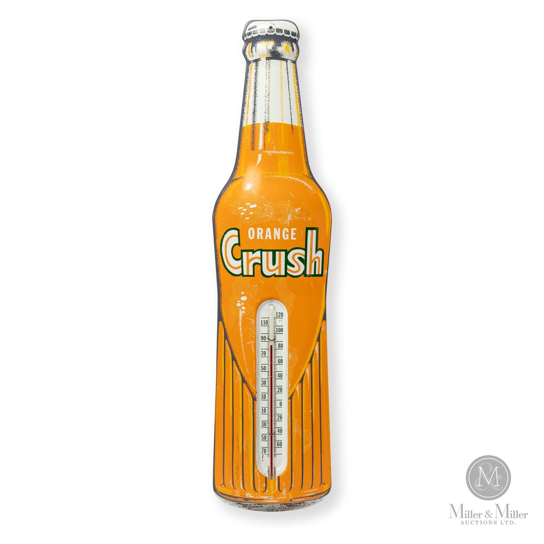 Orange Crush Bottle Thermometer: Made in U.S.A. 1950 - 1960. Single-sided tin (SST). Orange Crush commissioned these die cut thermometers in orange and brown with this being the orange variation. Marked, “Made in USA 1152 Orange Cr