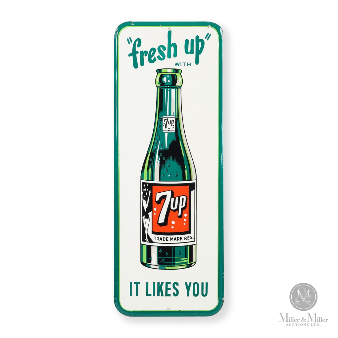 Seven-up Fresh Up Sign: Made in Canada. 1936 - 1953. Single-sided tin (SST). Features the "swimsuit girl" or "bubble girl" bottle graphic. This sign was produced in both door push and wall vertical sizes. This is the lesser 