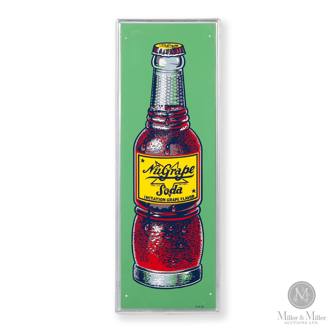 NuGrape Soda Sign: Made in U.S.A. 1945 - 1955. Single-sided aluminium (SSA). Self framed. Marked, "E-G Co." lower right. 21.75" x 7.75". Authenticated by The Authentication Company (TAC #501817). All items are guarantee