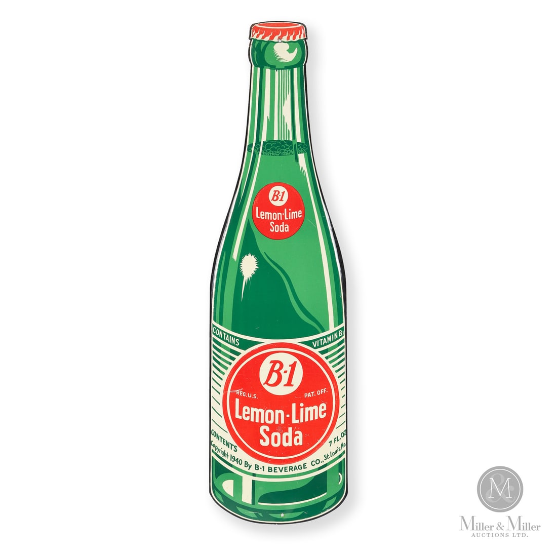 B-1 Lemon-Lime Soda Sign: Made in U.S.A. 1940 - 1950. Single-sided tin (SST). Embossed, die-cut. "Copyright 1940 BY B-1 Beverage co., St. Louis. MO" in bottle label. 28" x 7.5". Authenticated by The Authentication Company (TAC