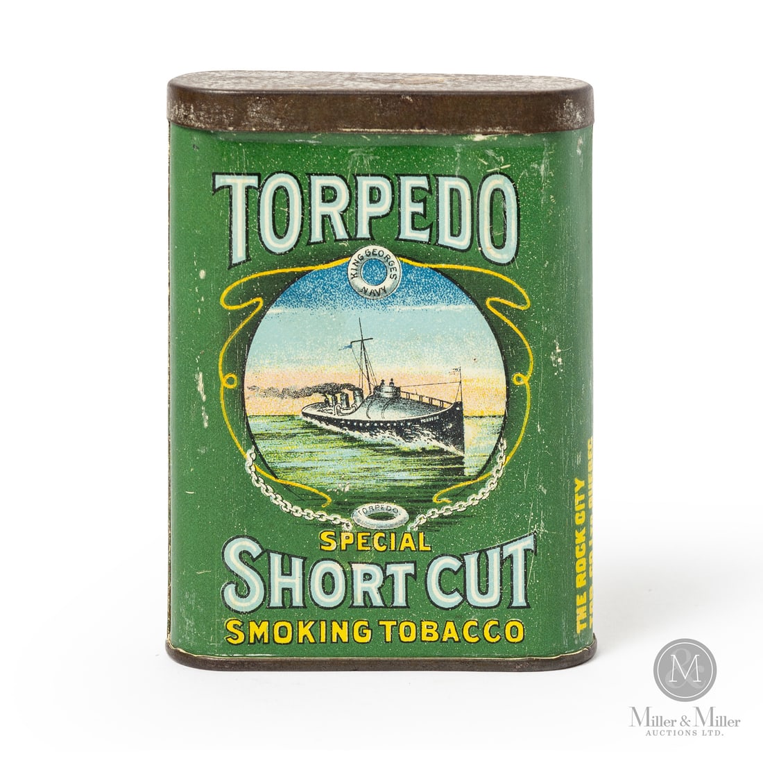 Torpedo Short Cut Tobacco Pocket Tin: Made in Canada. 1920 - 1920. Lithographed Tin. The Torpedo pocket tobacco tins are considered to be the rarest of Canadian pocket tobacco tins. This flip-lid tin, made by the Rock City Tobacco Co. Lim