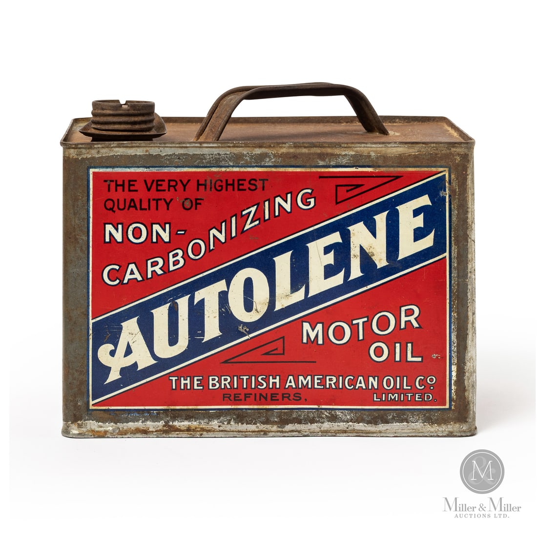 British-American Autolene Motor Oil Gallon Tin: Made in Canada. 1910 - 1920. Lithographed Tin. Early B-A Autolene packaging from the formative years of the British-American Oil Company. Marked lower edge. 7" x 8.75" x 5.75". Authenticated by The Au