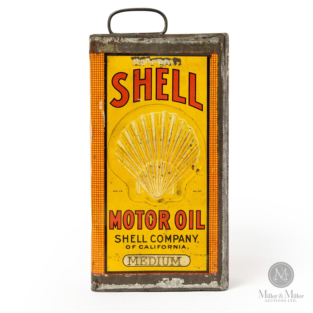 Shell Motor Oil Gallon Tin: Made in U.S.A. 1915 - 1929. Lithographed Tin. Embossed. Featuring the early "Shaded" Shell Logo, introduced around 1909. Unmarked. 11" x 6" x 3.75". Authenticated by The Authentication Company (TAC #5