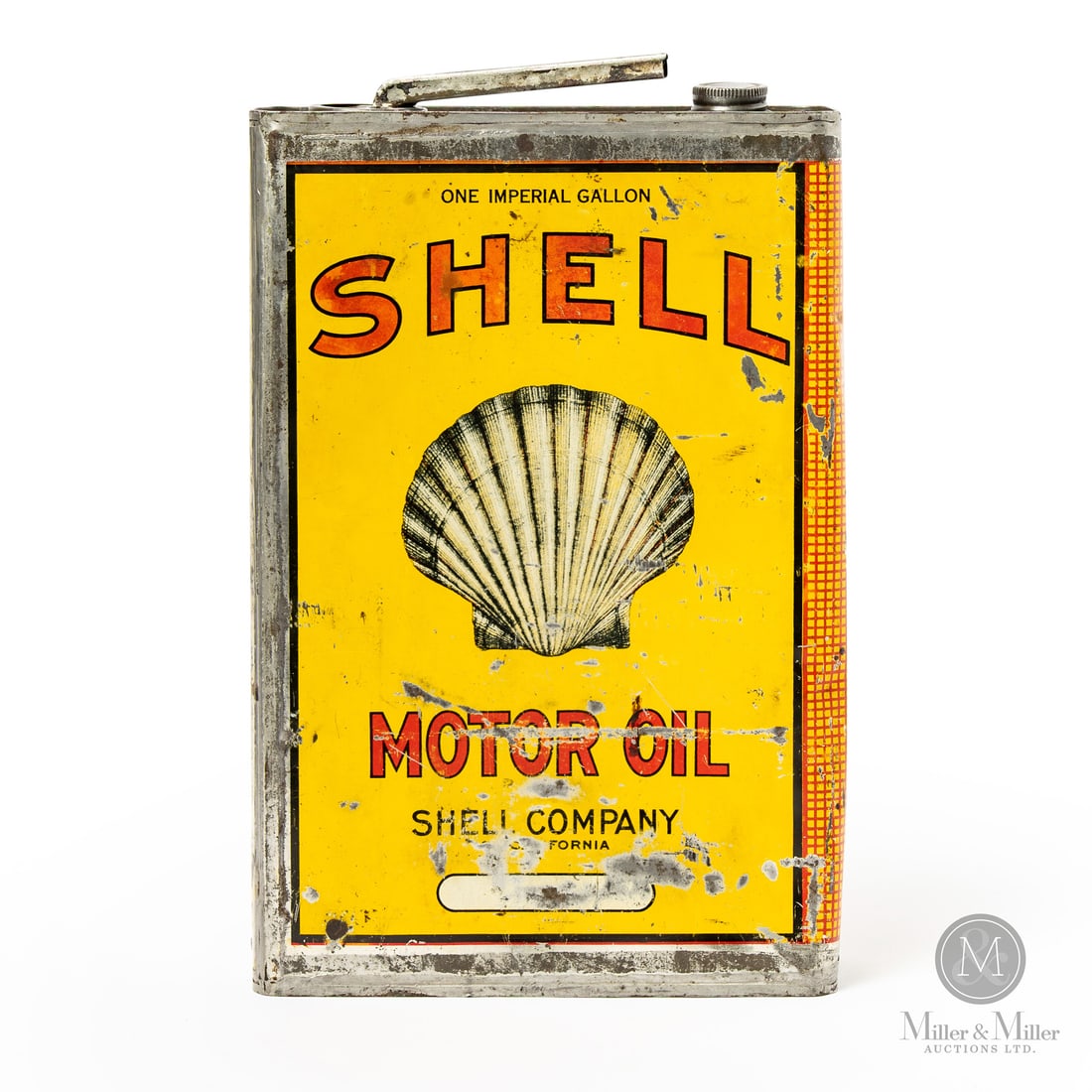 Shell Motor Oil Imperial Gallon Tin: Made in Canada. 1915 - 1929. Lithographed Tin. Featuring the early "Shaded" Shell Logo, introduced around 1909. Marked, "A.C.CO 2L" lower edge next to seam. 13" x 8" x 3". Authenticated by The Authent
