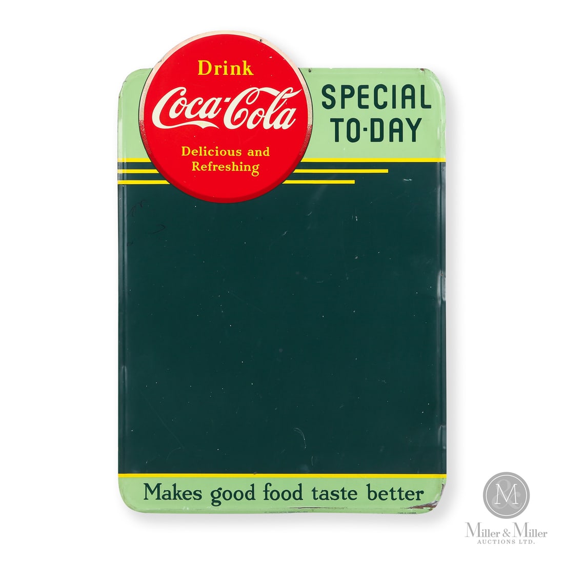 Coca-Cola Special To-Day Menu Board Sign: Made in Canada. 1939. Single-sided tin (SST). Embossed, die-cut. The only Canadian Coca-Cola menu board featuring the button logo. Marked, "ST. THOMAS METAL SIGNS, LTD. - 1939." lower left edge "MADE 