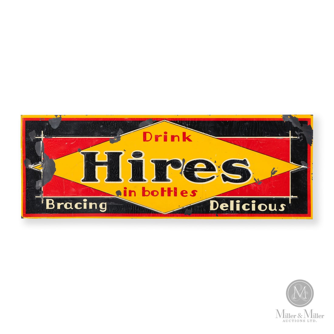 Hires Root Beer Tin Tacker Sign: Made in U.S.A. 1923. Single-sided tin (SST). Embossed. Featuring a yellow diamond logo scarcely seen in Hires advertising. Marked, "B-23" lower left and "MADE IN U.S.A." lower right. 9.75" x 27.5". Au