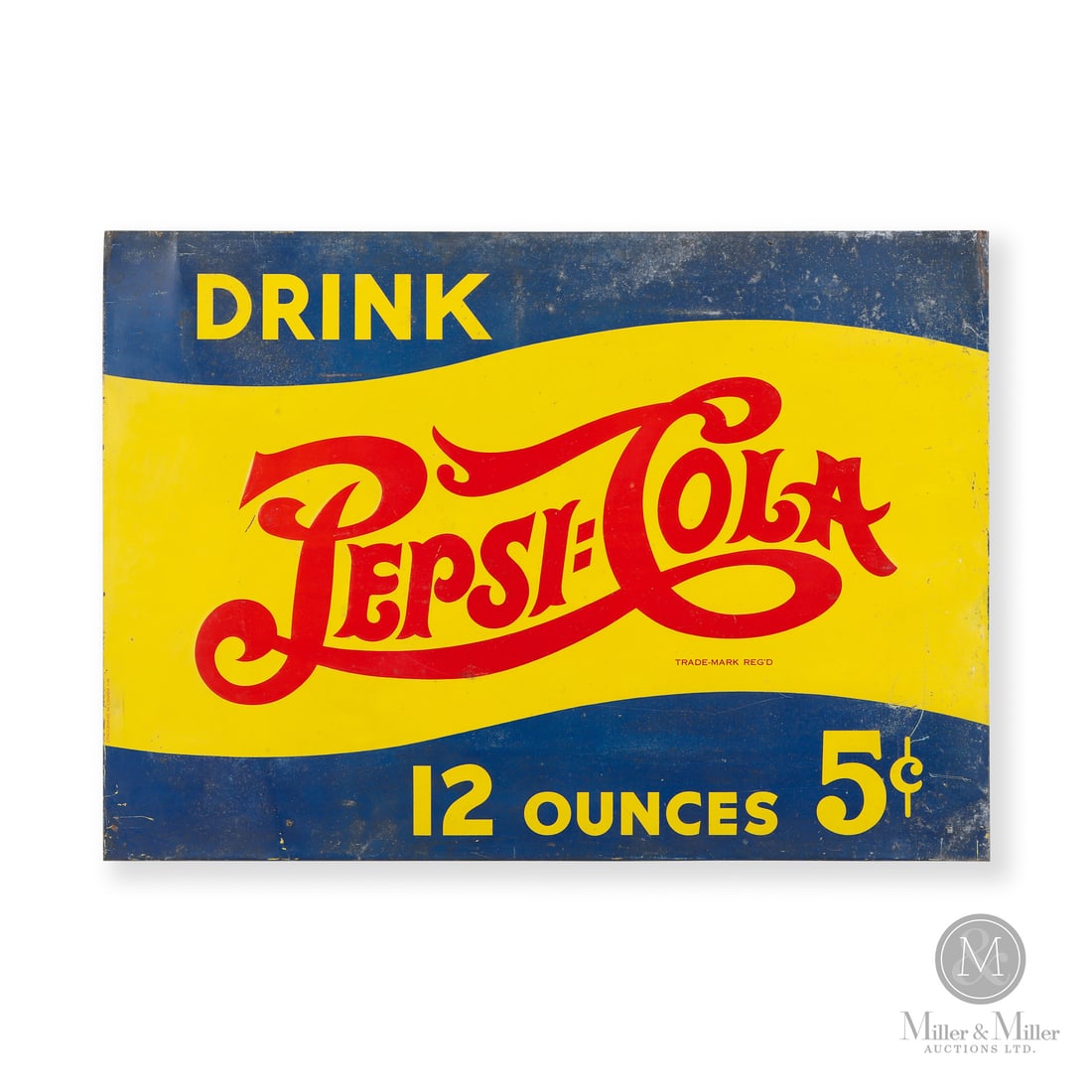 Pepsi:Cola 12 ounces 5¢ Sign: Made in Canada. 1939 - 1949. Single-sided tin (SST). Embossed. Double dot logo. Pepsi began to be revived during the height of the Great Depression in the United States. Pepsi would be sold in 12 ounc