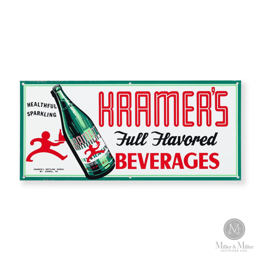 Kramers Full Flavored Beverages Sign: Made in U.S.A. 1950 - 1960. Single-sided tin (SST). Produced by Kramer's Bottling Works MT Carmel, PA. Unmarked. 9" x 20". Authenticated by The Authentication Company (TAC #501716). All items are guar