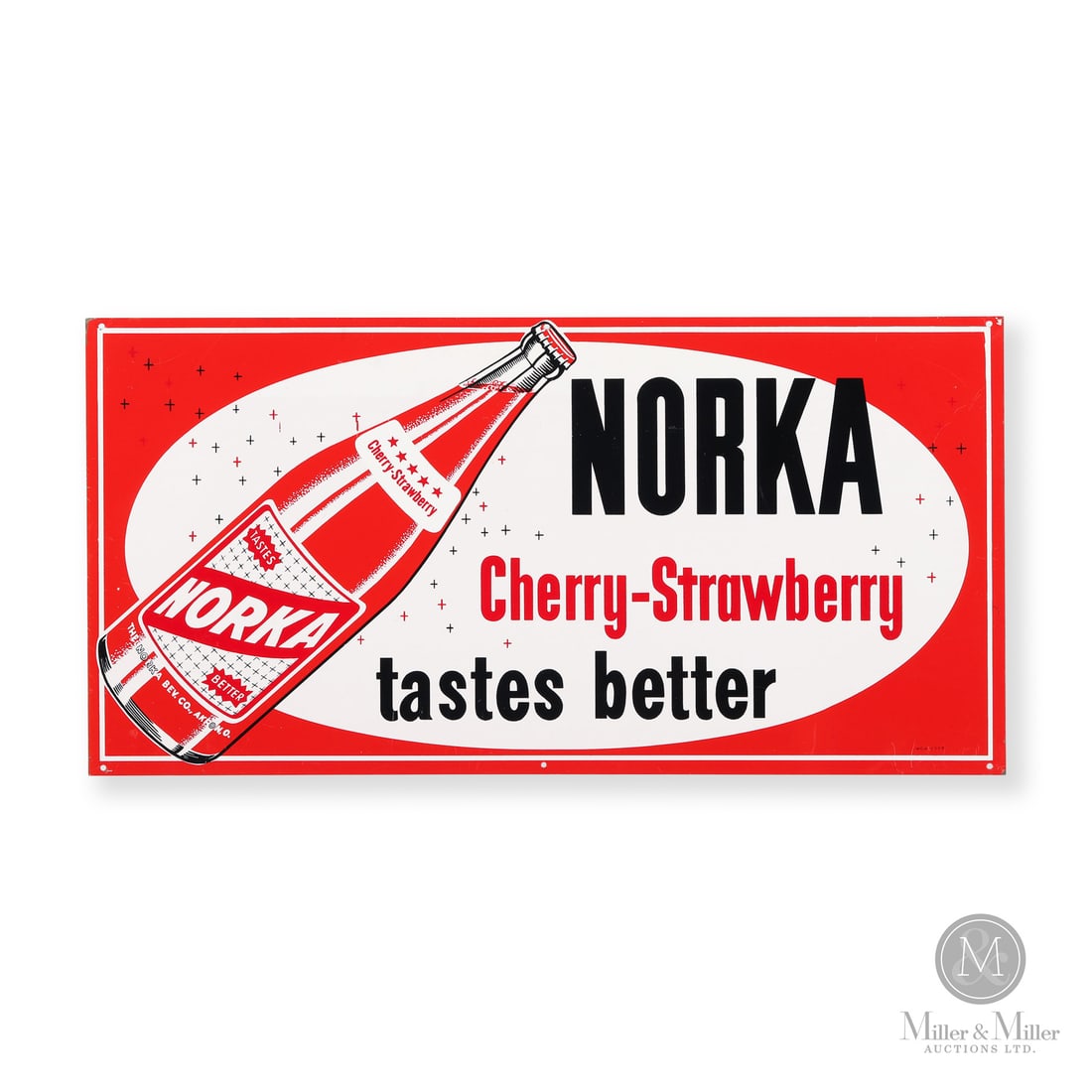 Norka Cherry-Strawberry Soda Sign: Made in U.S.A. 1950 - 1960. Single-sided tin (SST). The company produced signs for 4 flavours, Cherry-Strawberry, Orange, Ginger Ale and Root Beer. Marked, "M.C.A - 1229" lower right. 12" x 25". Authe