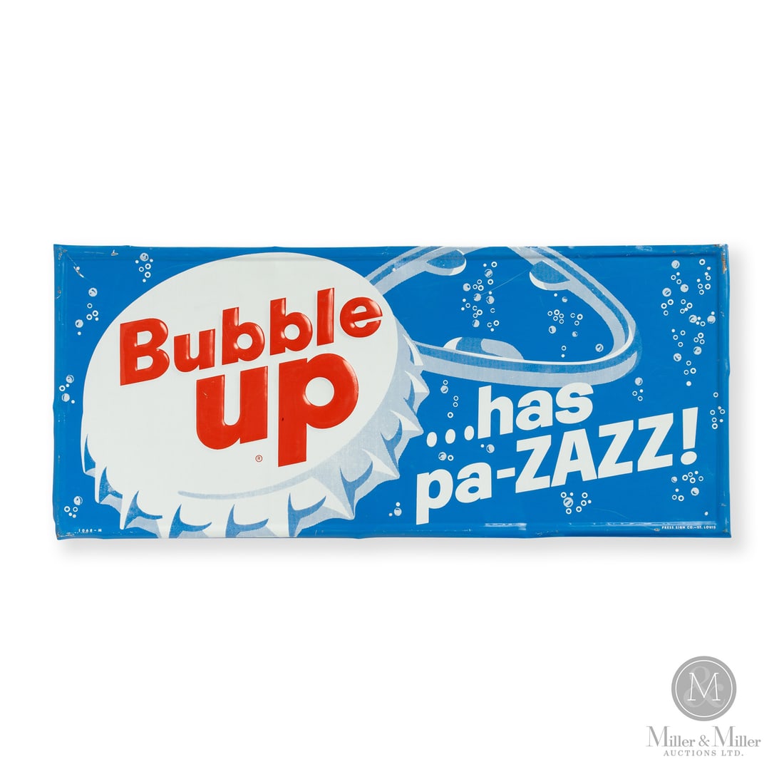 Bubble up Door Kick Sign: Made in U.S.A. 1968. Single-sided tin (SST). Embossed. Featuring the "has pa-ZAZZ!" slogan. Marked, " 1068 - M" lower left edge and "PRESS SIGN CO. - ST. LOUIS" lower right edge. 12" x 27.75". Authent