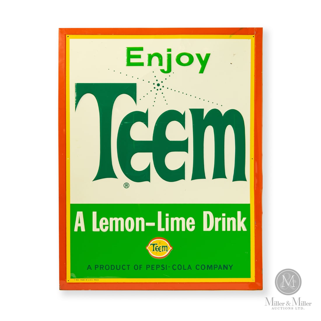 Teem Lemon-Lime Soda Sign: Made in U.S.A. 1960 - 1970. Single-sided tin (SST). Embossed - self framed. A product of the Pepsi-Cola company, Teem was introduced to the market in 1960 and was discontinued throughout Canada and th