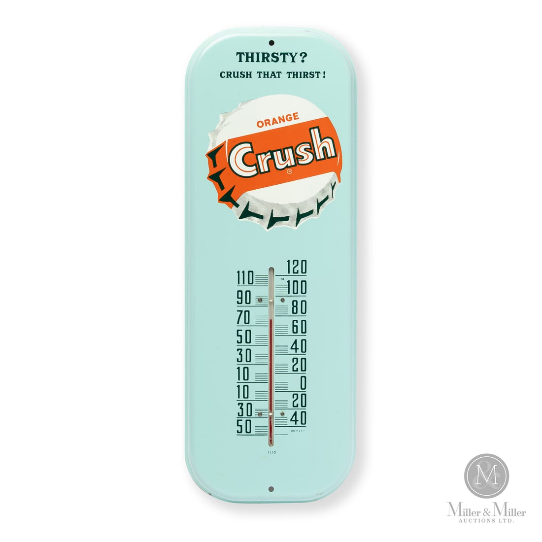 Orange Crush Bottle Cap Thermometer: Made in U.S.A. 1955 - 1969. Single-sided tin (SST). Rolled edge, die cut. Orange Crush commissioned these thermometers in green and blue with this being the blue variation. Marked, "MADE IN USA 1110" 