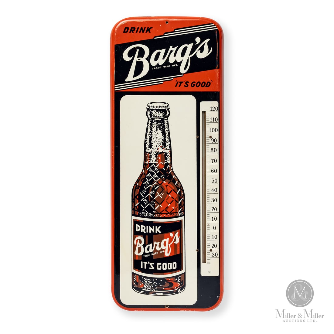 Barq's Root Beer Thermometer: Made in U.S.A. 1962. Single-sided tin (SST). Featuring the embossed diamond pattern on the neck of the bottle. Marked, "NO 117A" lower left edge and "DONASCO" lower right edge. 25.5" x 9.75" x 0.5". A