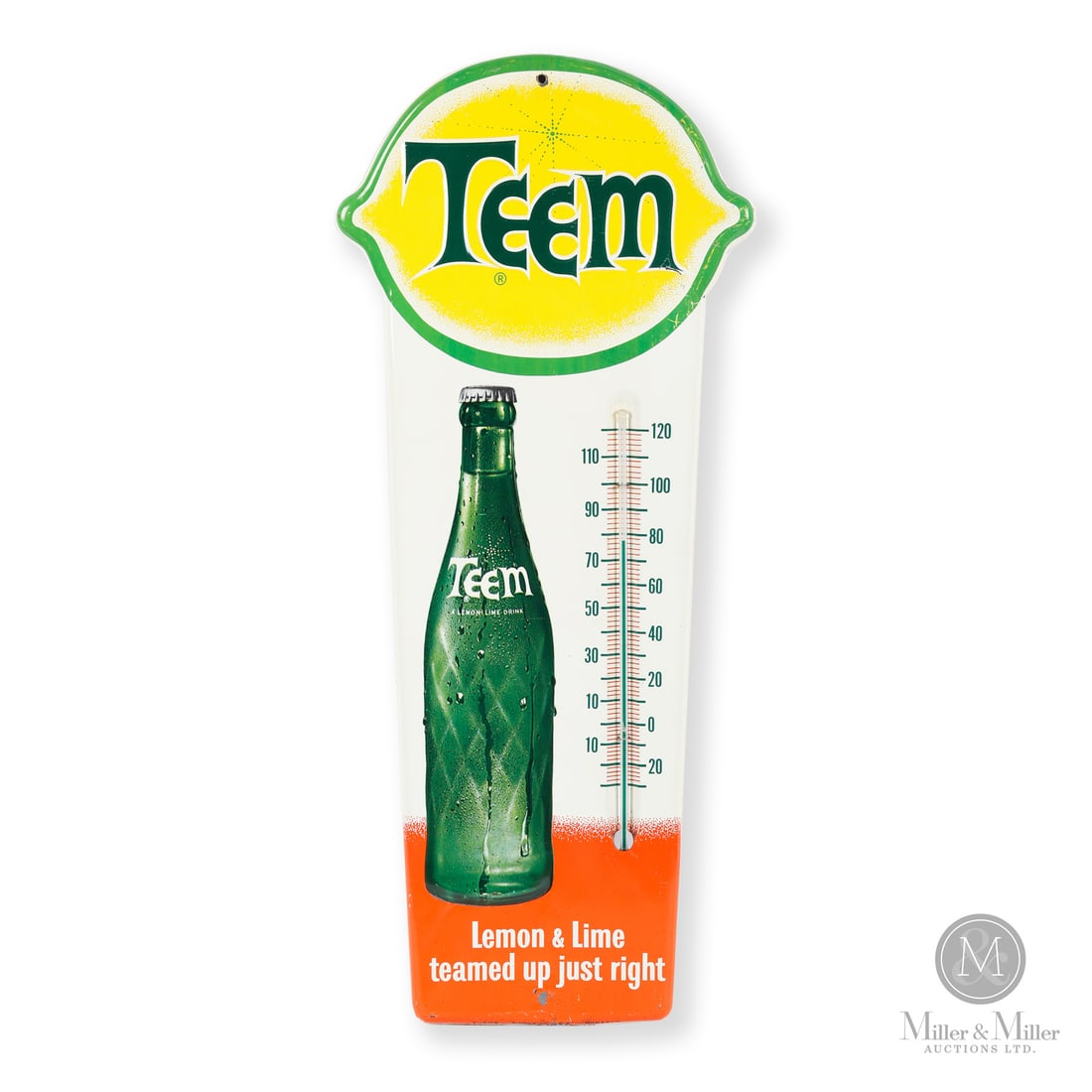 Teem Lemon-Lime Soda Thermometer: Made in U.S.A. 1960 - 1964. Single-sided tin (SST). Embossed. Rolled edge, die cut. Featuring the "Lemon & Lime teamed up just right" slogan. Marked, "T - 504 Printed in U.S.A. DONASCO" lower edge. 28