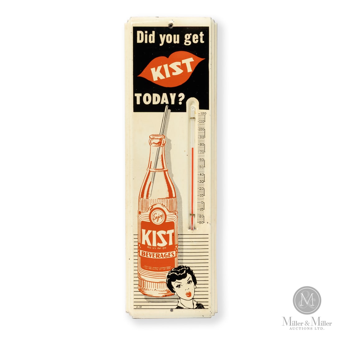 Kist Did You Get Kist Today Thermometer: Made in U.S.A. 1950 - 1954. Single-sided tin (SST). Rolled edge, die cut. Featuring the ribbed bottle which Kist transitioned away from in 1954. Marked, "K-10" lower left. 16" x 5" x 0.5". Authenticat