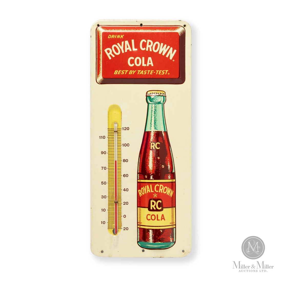Royal Crown Cola Thermometer: Made in U.S.A. 1951 - 1954. Single-sided tin (SST). Embossed. Rolled edge, die cut. Featuring the bottle logo introduced in 1951 along with the "Best By Taste-Test" slogan which was discontinued from 