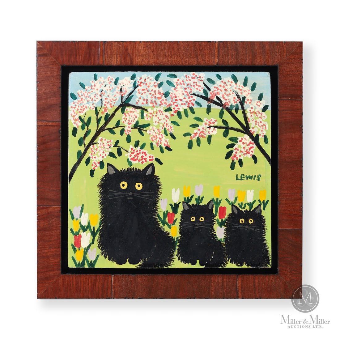 Maud Lewis Three Black Cats: Marshalltown, Nova Scotia. First half 1965. Oil on beaverboard. The happiness that Lewis conveys with this painting is immense. There is no room for anything but a proud mother and her kittens - all w