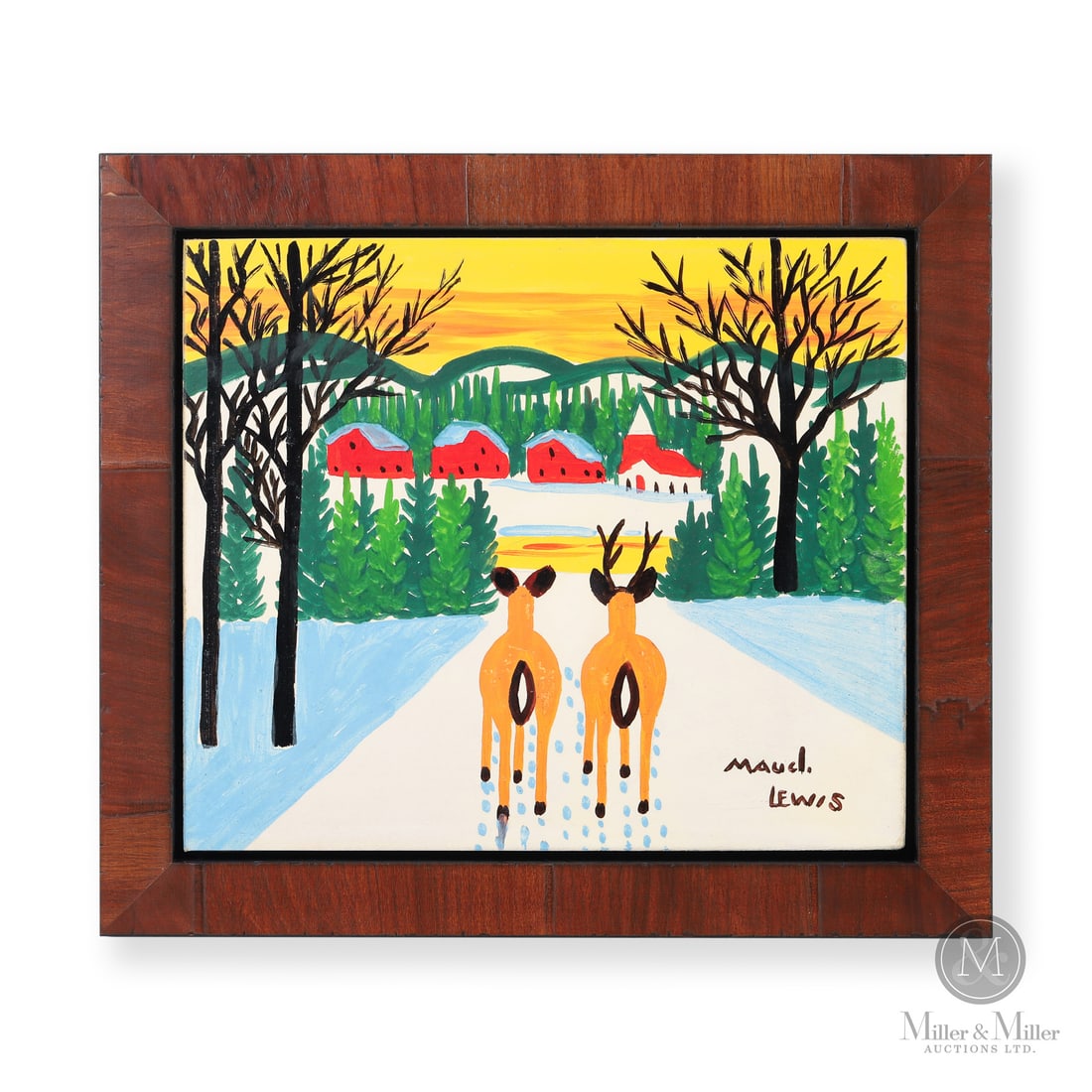 Maud Lewis Deer at Sunset: Marshalltown, Nova Scotia. Second half 1965. Oil on beaverboard. Maud’s brilliant creative perspective shines through in this distinctive image, with the hindquarters of a buck and doe in the foregr
