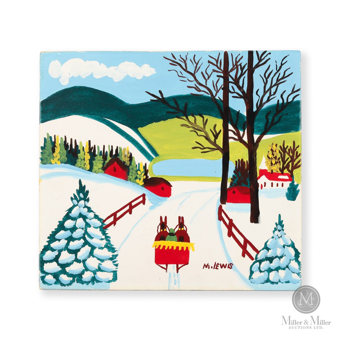 Maud Lewis Winter Sleigh Ride: Marshalltown, Nova Scotia. C. 1966. Oil on beaverboard. Here is one of Maud's favourite and iconic winter scenes depicting a single passenger in a two-horse sleigh headed for the village or perhaps he