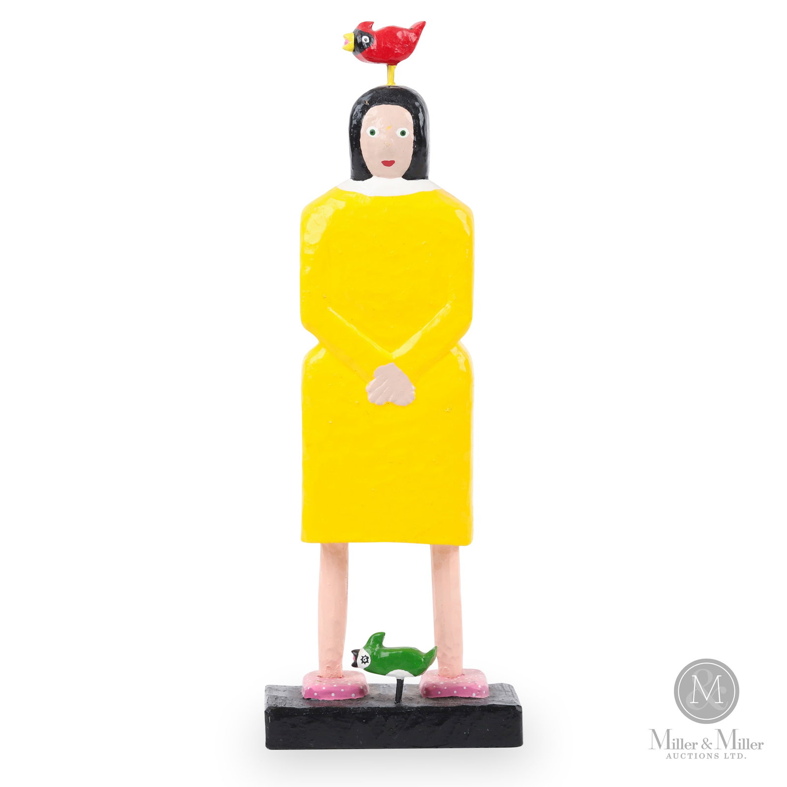 Barry Colpitts Lady with Birds: East Ship Harbour, Nova Scotia. C. 2000. Polychrome wood. Colpitts presents this carving of a woman with two birds in a bright yellow dress and direct, wide-eyed expression. Two small birds, one perch