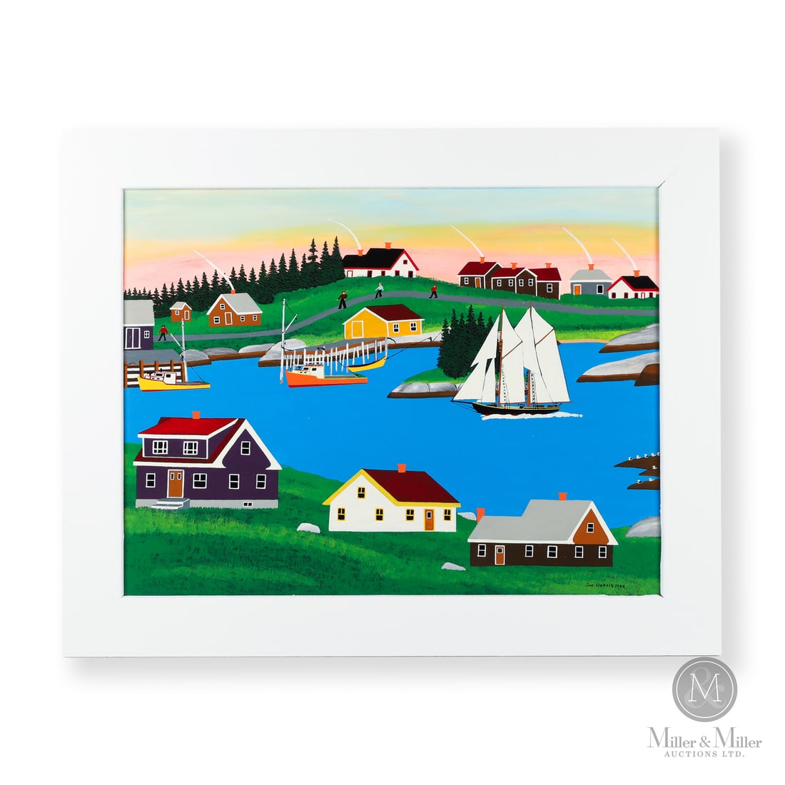 Joe Norris Harbour Sunset: Lower Prospect, Nova Scotia. 1988. Enamel on plywood. A richly detailed coastal scene animated by a schooner under full sail, working fishing boats at the wharves and small figures making their way al