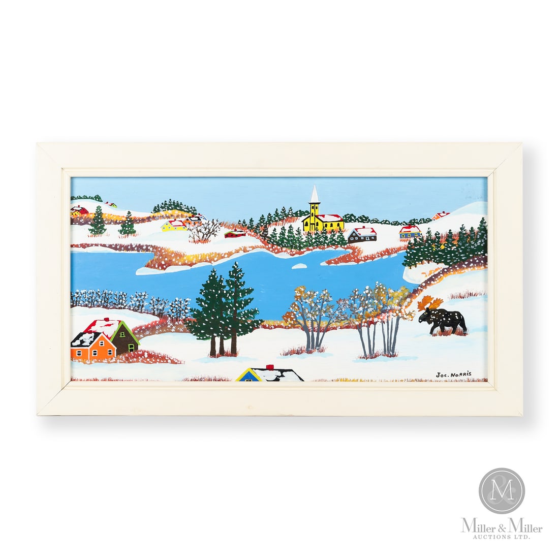 Joe Norris Winter Scene: Lower Prospect, Nova Scotia. C. 1978. Enamel on plywood. Closely related to Norris’s Winter Cove, 1978, illustrated on page 40 of Bernard Riordon’s "Painted Visions of Nova Scotia", this winter la
