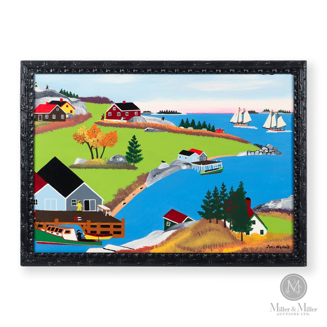 Joe Norris Autumn Coastal Scene: Lower Prospect, Nova Scotia. C. 1978. Enamel on plywood. Painted as Norris was beginning to refine his distinctive style, this early coastal scene retains unusually crisp detail, particularly in the d