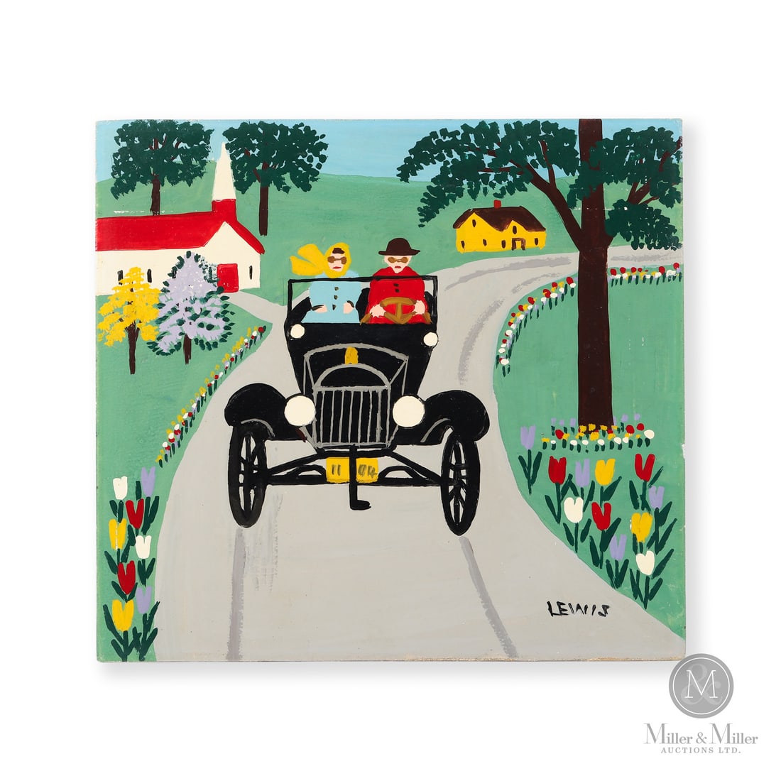 Maud Lewis Model T: Marshalltown, Nova Scotia. C. 1965. Oil on beaverboard. Likely based on memories from her first year of marriage, Maud Lewis created this cheerful scene of a couple out for a springtime drive. When Ma