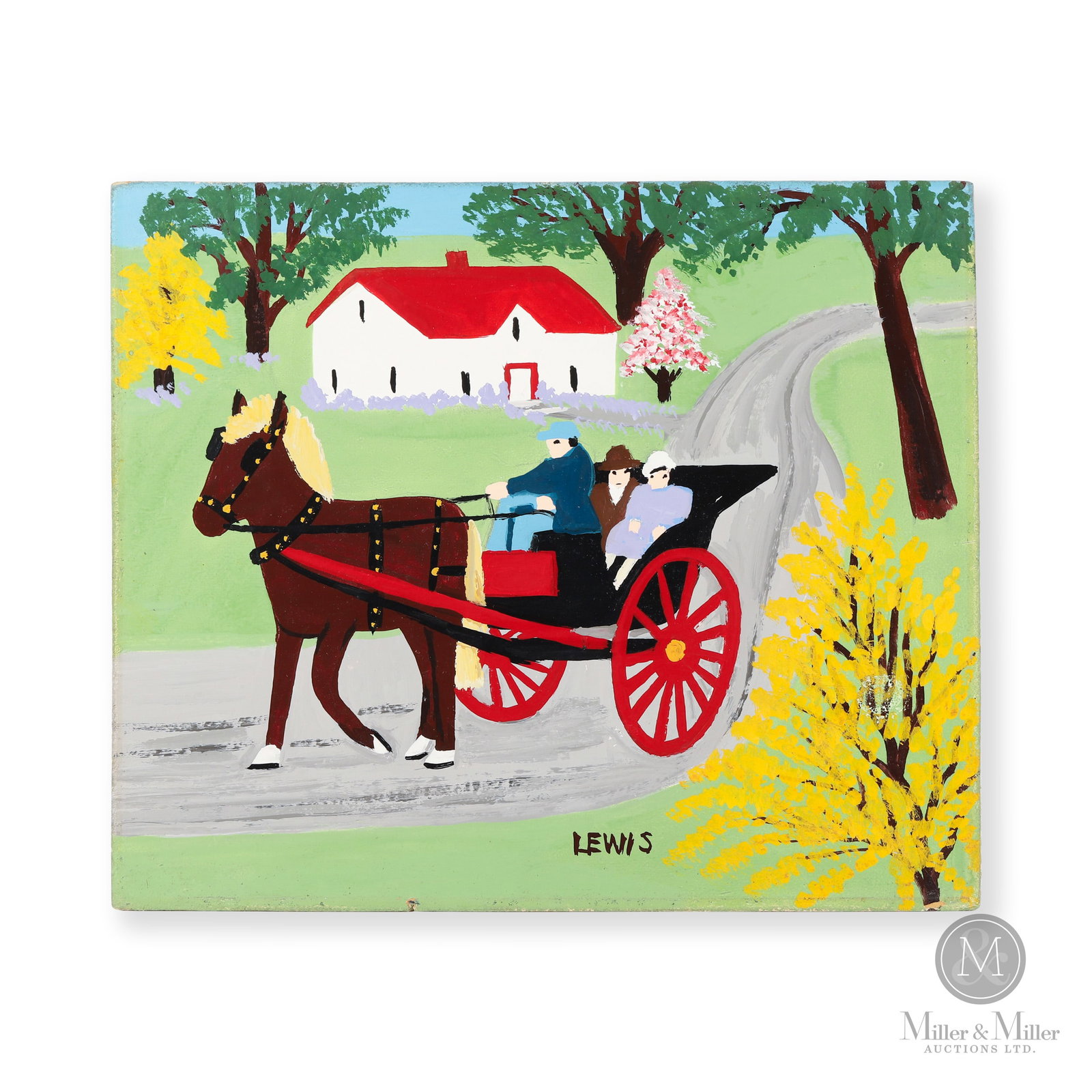 Maud Lewis Horse and Buggy: Marshalltown, Nova Scotia. Mid 1960s. Oil on beaverboard. Maud Lewis was fascinated with the forms of transportation so important to early life. She has delightfully placed this horse and buggy transp