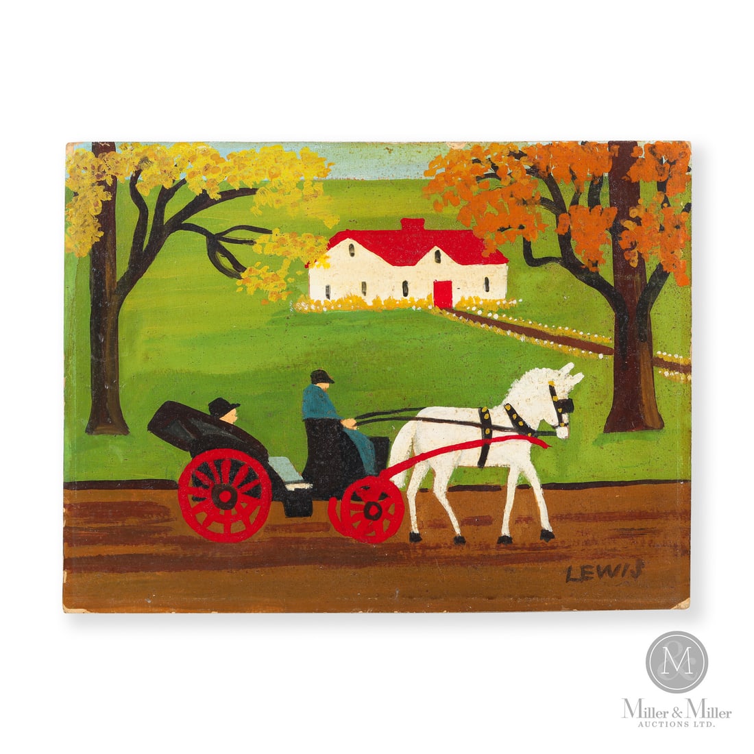 Maud Lewis Fall Buggy Ride: Marshalltown, Nova Scotia. C. 1950s. Oil on beaverboard. The composition centers on a majestic white horse outfitted in a black and gold harness, elegantly drawing a buggy. Seated within are two simpl