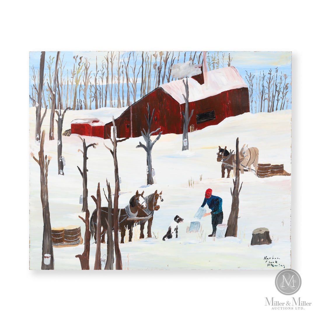 Barbara Clark Fleming Maple Syrup Time: Oxford County, Ontario. Acrylic on masonite. A charming rural scene featuring a person gathering maple sap in a densely snow-covered landscape. Two pairs of horses are on standby, ready to haul the he