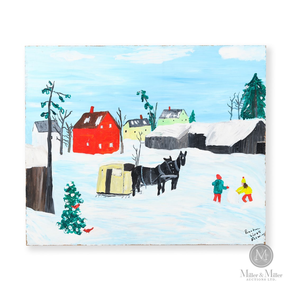 Barbara Clark Fleming Horse Drawn Carriage: Oxford County, Ontario. C. 1990. Acrylic on masonite. A charming winter landscape depicting a snow-covered rural settlement, with brightly painted houses and a barn set among bare trees and evergreens