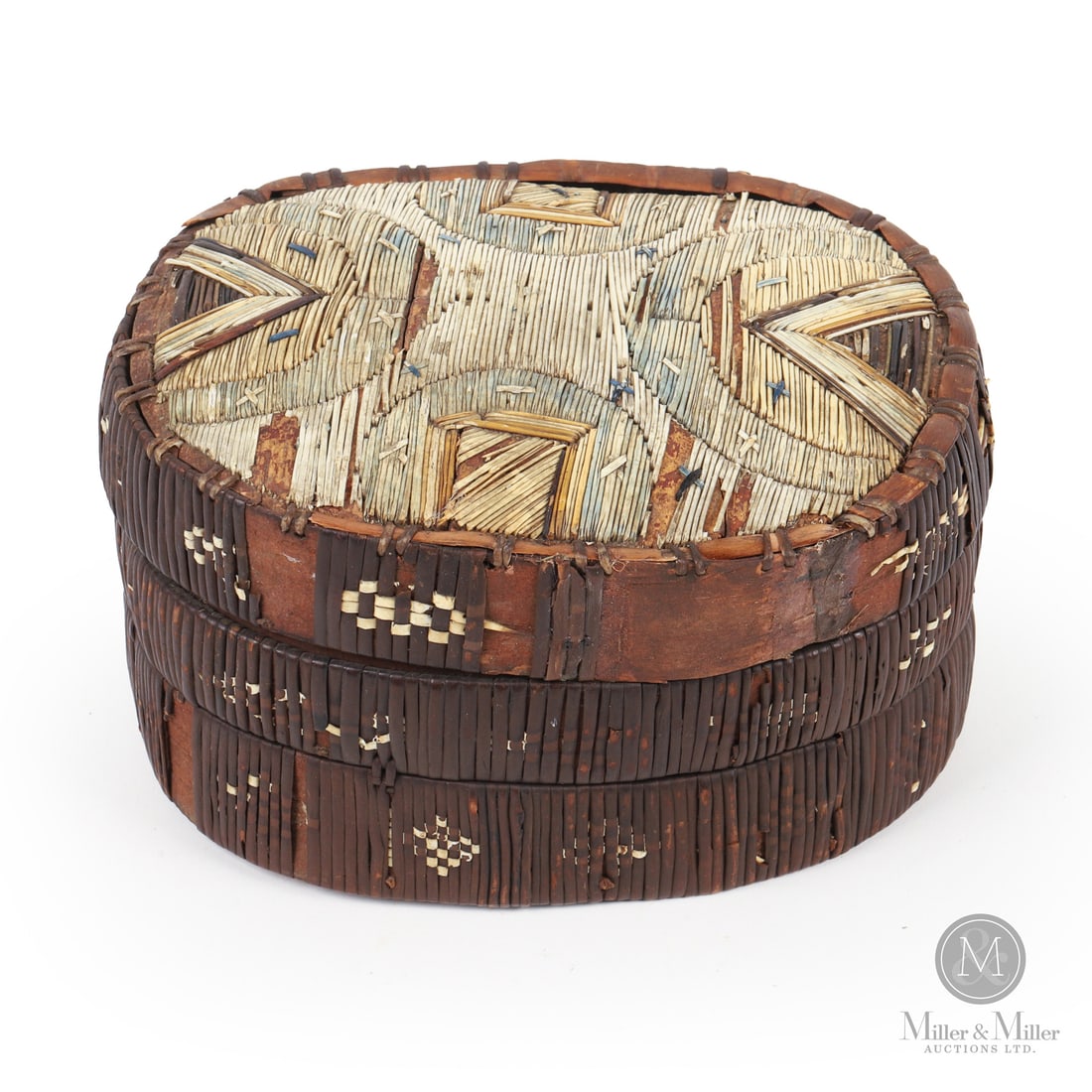 Early Oval Quill Box: Canadian. Birchbark. A quill-decorated Mi’kmaq rectangular box with rounded corners and constructed in birchbark with a pine bottom. Early but in well-used condition, the top has arched motifs on fo