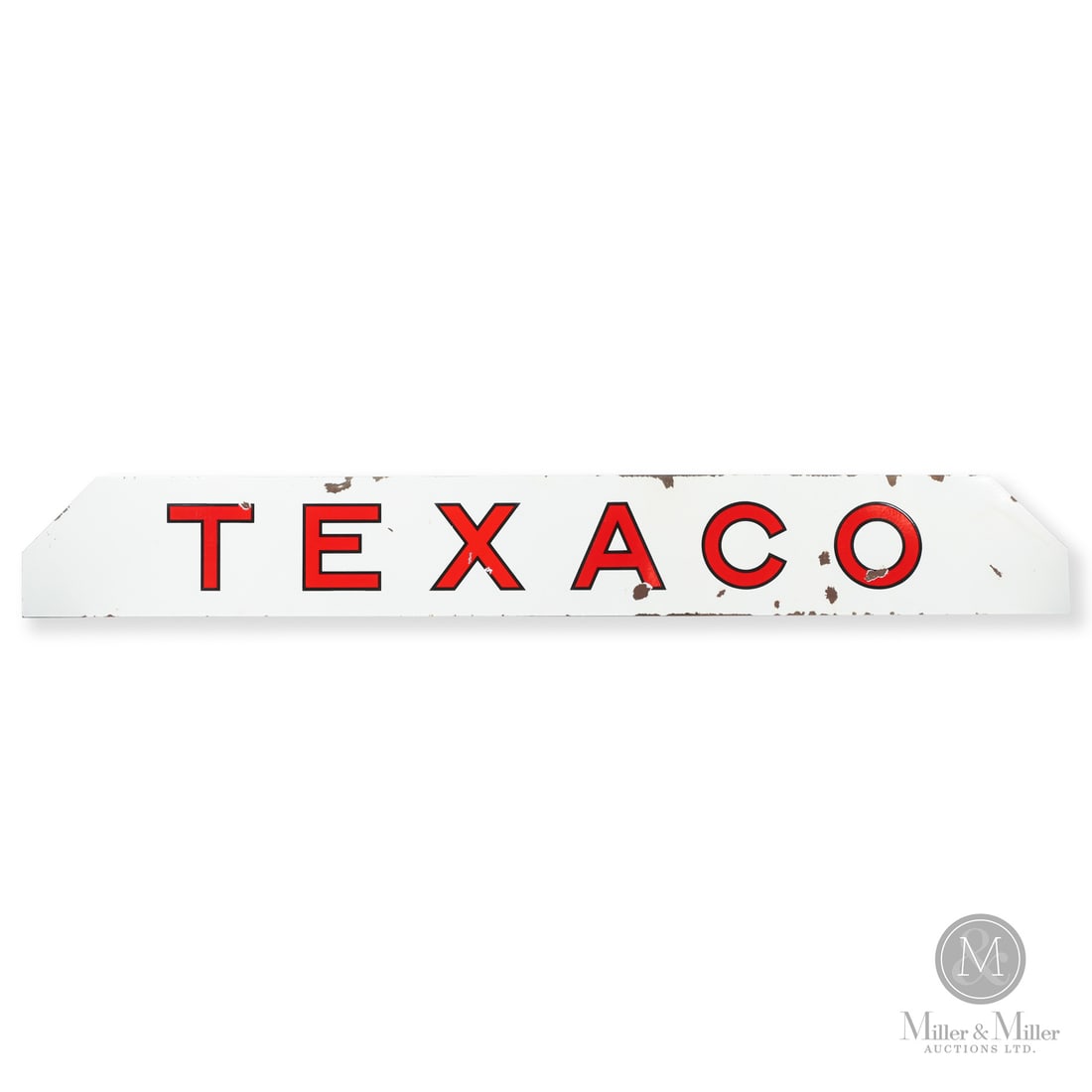 Texaco Marquee Bulkhead Sign: Made in U.S.A. 1936 - 1948. Double-sided porcelain (DSP). Texaco marquee / bulkhead letter, the long porcelain bar used over pumps and service bays. Unmarked. 16" x 119". Authenticated by The Authenti