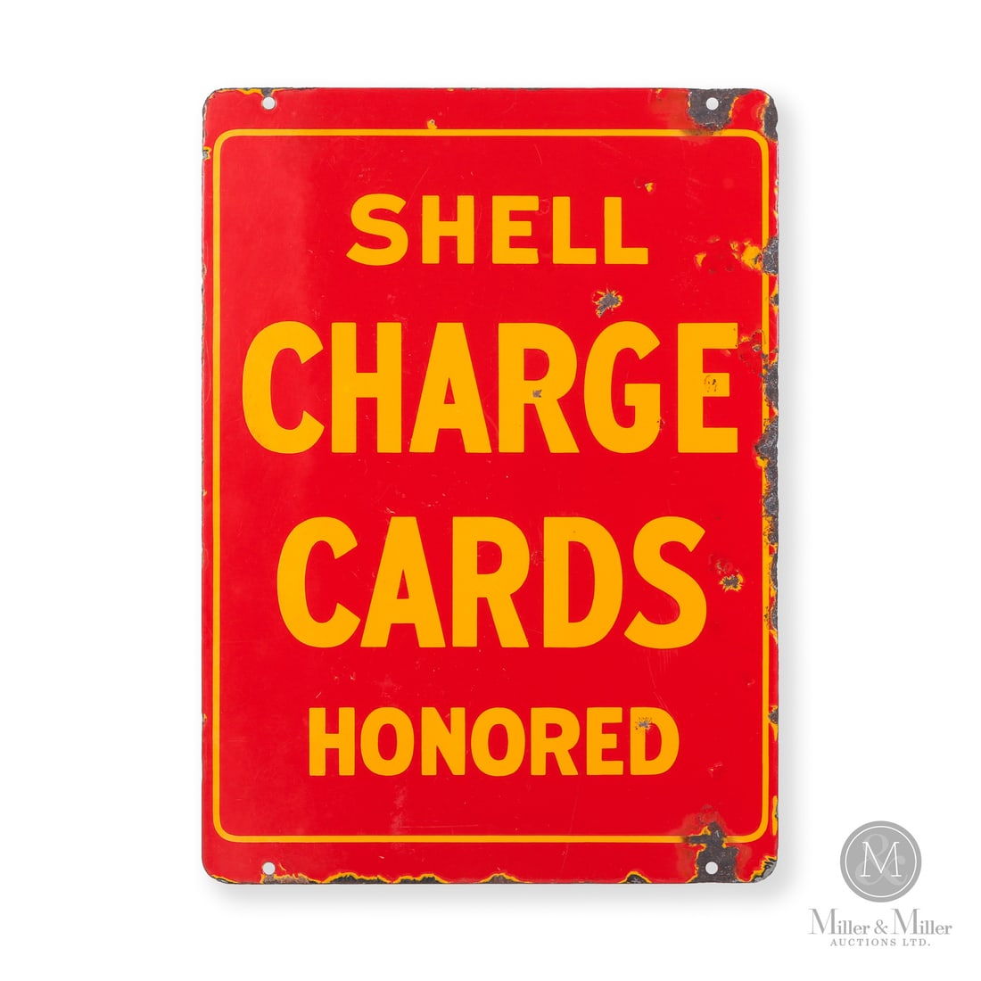 Shell Charge Cards Honored Sign: Made in U.S.A. 1940 - 1959. Double-sided porcelain (DSP). Double-sided Shell charge-cards honored sign. Unmarked. 19.5" x 14". Authenticated by The Authentication Company (TAC #501874). All items are 