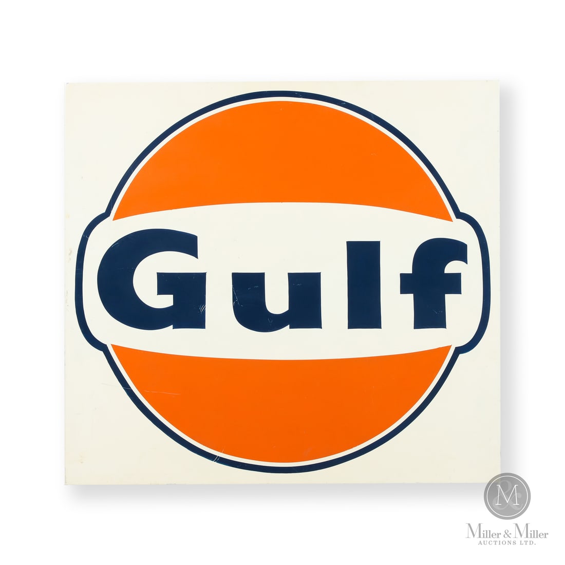 Gulf Service Station Sign: Made in U.S.A. 1964 - 1969. Single-sided tin (SST). Return edge. Unmarked. 36.5" x 39" x 1.25". Authenticated by The Authentication Company (TAC #402834). All items are guaranteed authentic by Miller 