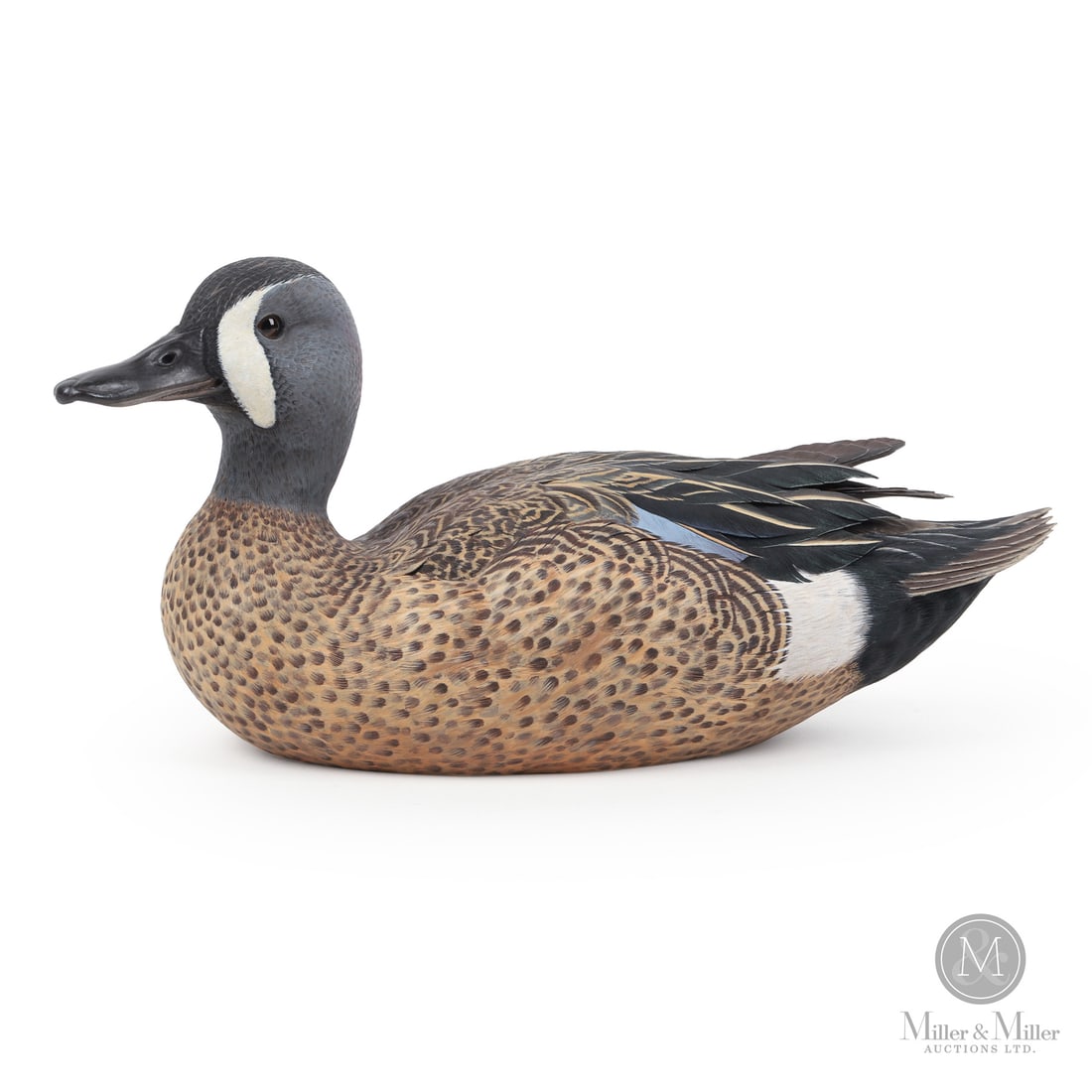 Pat Godin Drake Blue-winged Teal Decoy: Paris, Ontario, Canada. 5.5" x 11" x 4.5". 1985 Painted wood. Excellent condition as made. Drake Blue-winged Teal 1985 signed Patrick R. Godin First in Class-World Championship 1985 penned on bottom.