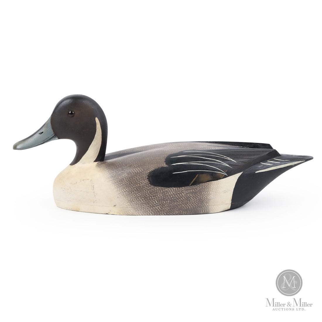 D. W. "Davey" Nichol Pintail Drake: Smiths Falls, Ontario, Canada. 6" x 15.75" x 5.5". 2nd Quarter 20th Century. Painted wood. Excellent original paint, structurally excellent with only minor shelf wear. Two dents right side one of whic