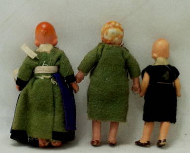 3pc. Lot 1 Boy & 2 Girls 1930's: 3-30s Compo Dolls Moveable Arms & Legs Dressed in Felt. Hand Painted 3.875" Long. Boy's Paint Coming Off