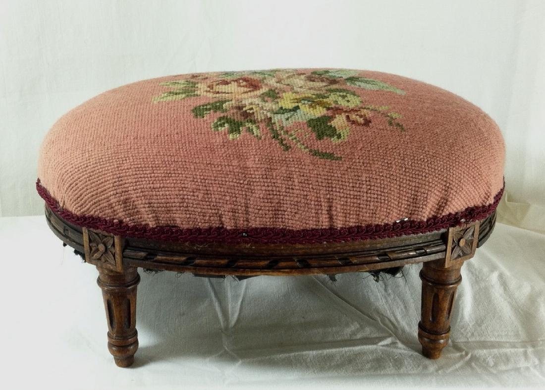 Small Antique Oval Oak Footstool w/ Needlepoint Cover